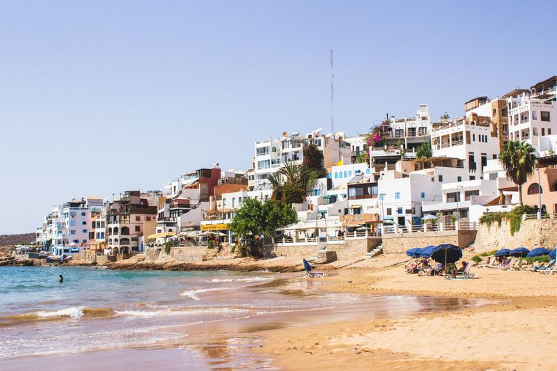 Morocco's Atlantic coastline with consistent surf breaks near Taghazout