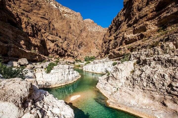Natural rock pools and palm trees at Paradise Valley near Taghazout, Morocco