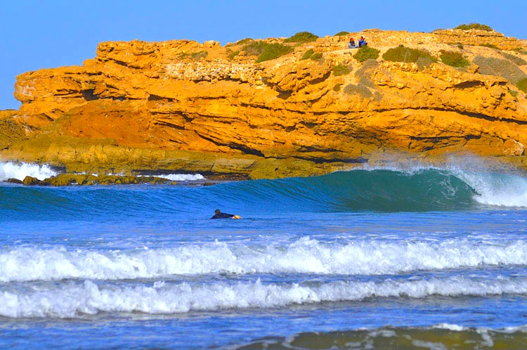 Right-hand wave at Devil's Rock surf spot in Tamraght Morocco