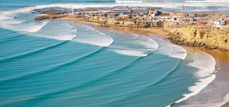 Long right-hand point break at Imsouane Bay surf spot Morocco